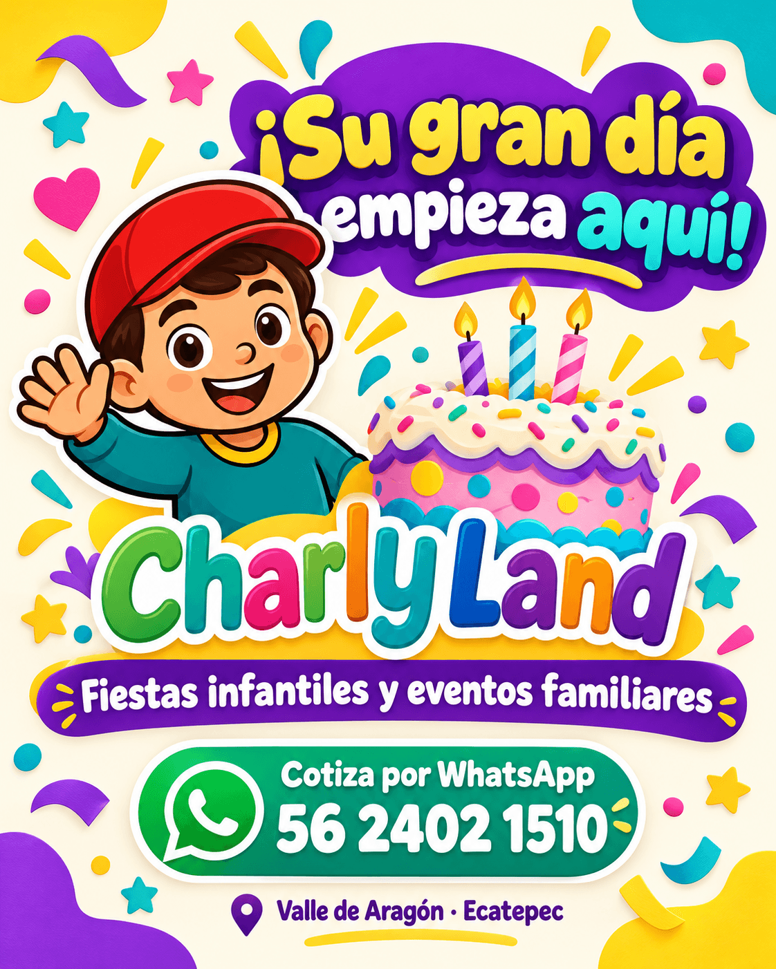Ilustración de la mascota de Charly Land junto a un pastel de cumpleaños